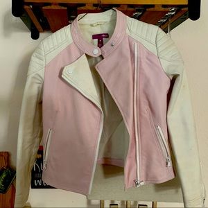 Girls Aqua Faux Leather Jacket in Pink and White